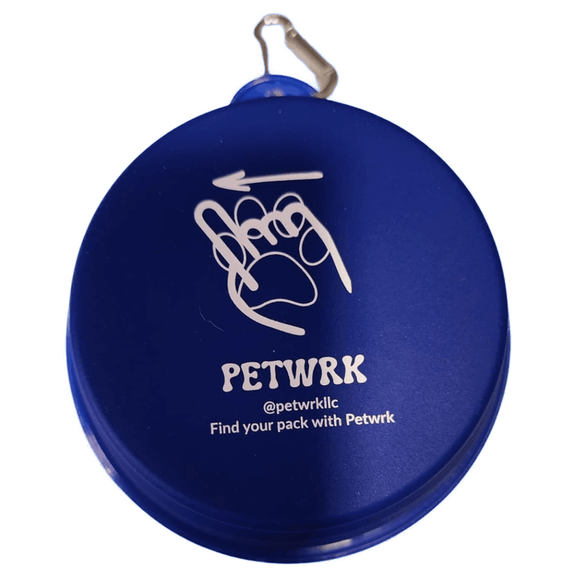 Blue Collapsible Silicone Pet Bowl with Petwrk branding and carabiner clip