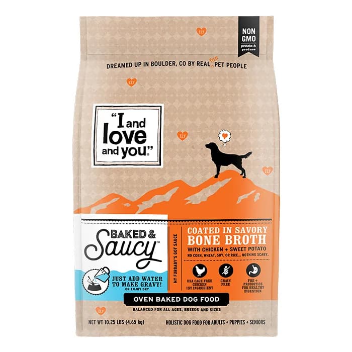 “I and love and you” Baked & Saucy oven-baked dog food bag