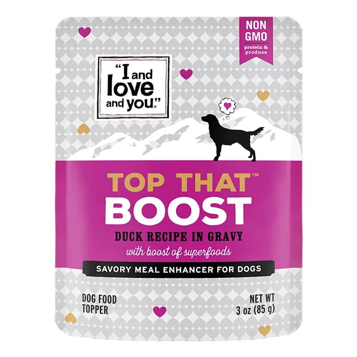 “I and love and you” Top That Boost dog food topper pouch