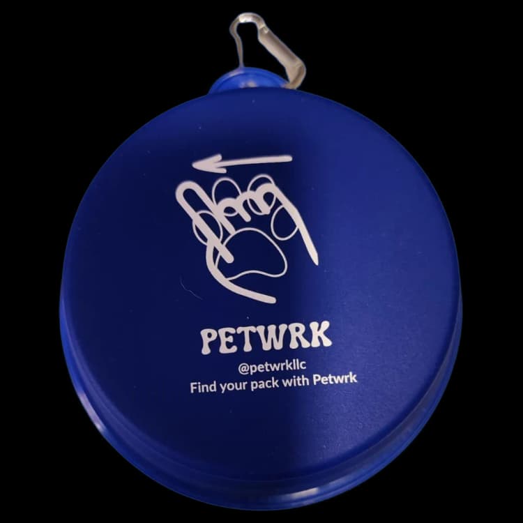 Blue Collapsible Silicone Pet Bowl with Petwrk branding and carabiner clip